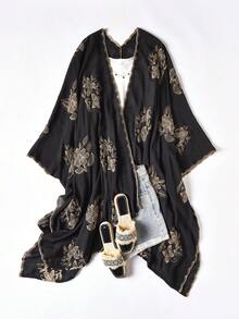 1 buah Syal Belah Bordir Motif Bunga Elegan Gaya Bohemian untuk Wanita, Kimono, Sarung, Pakaian Luar Musim Semi Musim Panas untuk Liburan Pantai, Perlindungan Matahari, Perlindungan UV, Kardigan Bordir, Modis, Serbaguna, Mewah, Dekoratif, Cocok untuk Sehari-hari, Pilihan Hadiah yang Serasi - Hitam - View 5