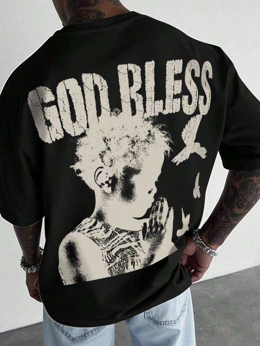 Manfinity Men's Short-Sleeved Crew Neck T-Shirts With Letter And Figure Print, 2000s Style Summer Graphic Tees. - 藍色 - 查看 1