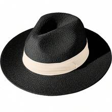 Sombrero de paja de ala ancha para mujer Lanzom, estilo Panamá, enrollable, para playa, con protección solar UPF50+ - Rojo - Ver 21