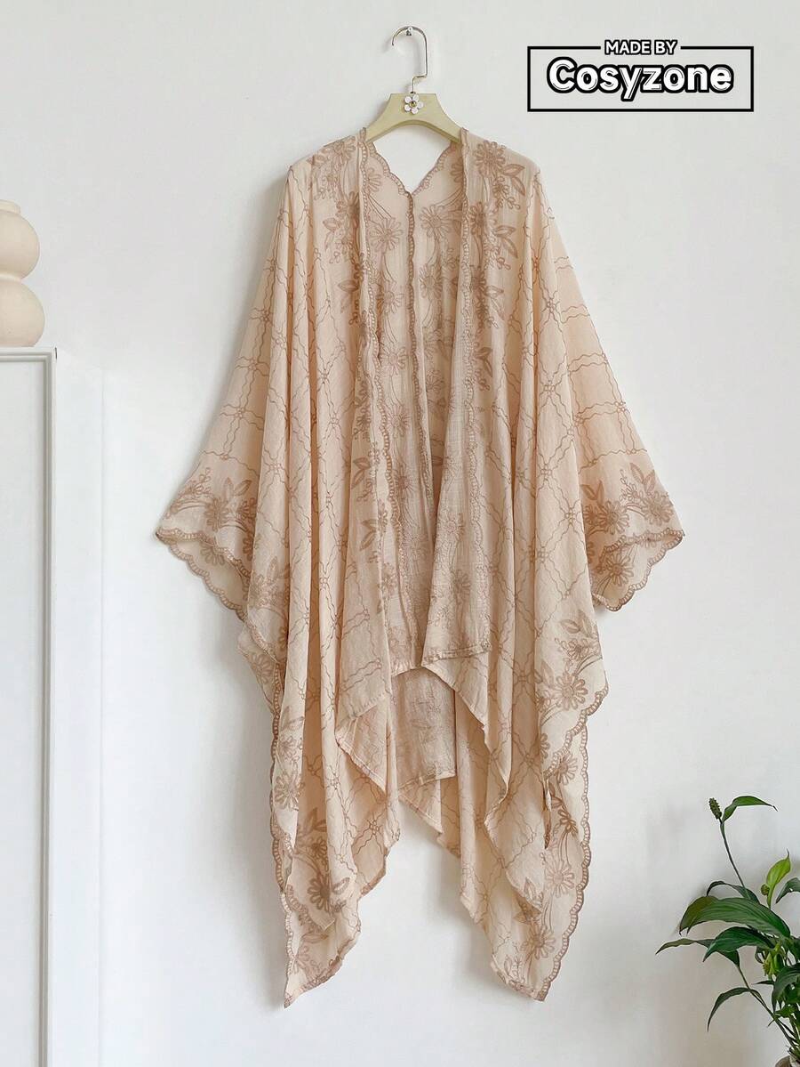 1件優雅格紋花卉圖案波希米亞風刺繡開襟披肩式和服圍裙女款,春夏海灘度假防曬罩衫,時尚百搭輕盈奢華裝飾開襟衫,適合日常穿著與送禮 - 杏色 - 查看 1