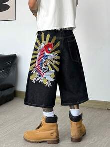 1 Stück Justice Brother lässige, locker sitzende Denim-Shorts mit bestickter Gesäßtasche, vielseitige Sommer-Streetwear, bequeme Bermuda-Shorts (ohne Gürtel/Zubehör) - Schwarz - Übersicht 3
