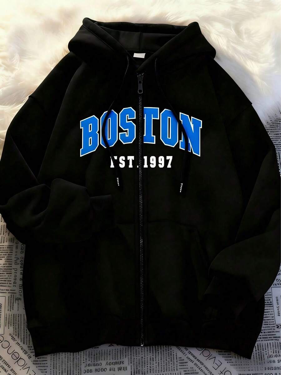 Sudadera con Capucha para Hombre casual elegante estampado gráfico de texto otoño invierno Manga Larga Ajuste holgado Casual Cómodo para diario y vacaciones - Beis - Ver 1