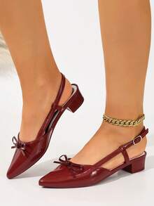 Sepatu Mule Wanita Warna Polos, Model Setengah Selip dengan Pita, Sepatu Komuter Modis - Burgundy - View 3
