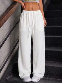 Women's Summer Lightweight Breathable Casual Pants With Elastic Waist Drawstring Loose Drape Relaxed Lazy Versatile Fashion Wide Leg Long Pants - White - View 4