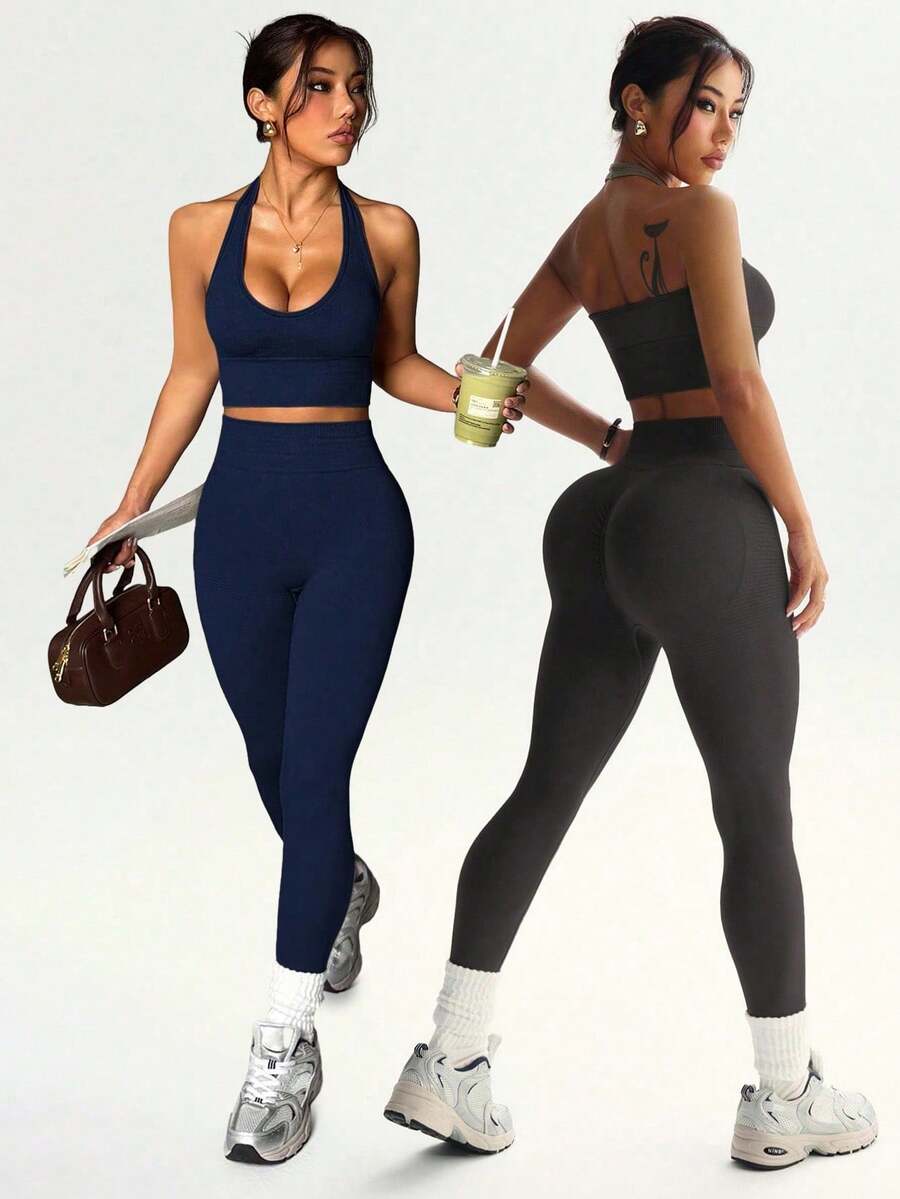 Dewbera Women's Minimalist Solid Color Halter Top And Pants Sports Set For Everyday Wear - 多色 4 - 查看 1