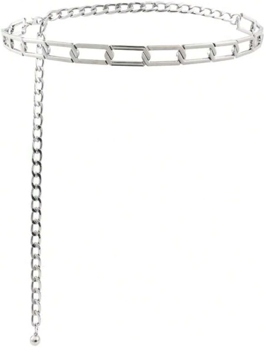 Cadena de Cintura Plateada de Una Sola Capa para Mujer con Hebilla de Anillo Rectangular, Combinación Universal con Jeans (D 1) - D - Ver 1