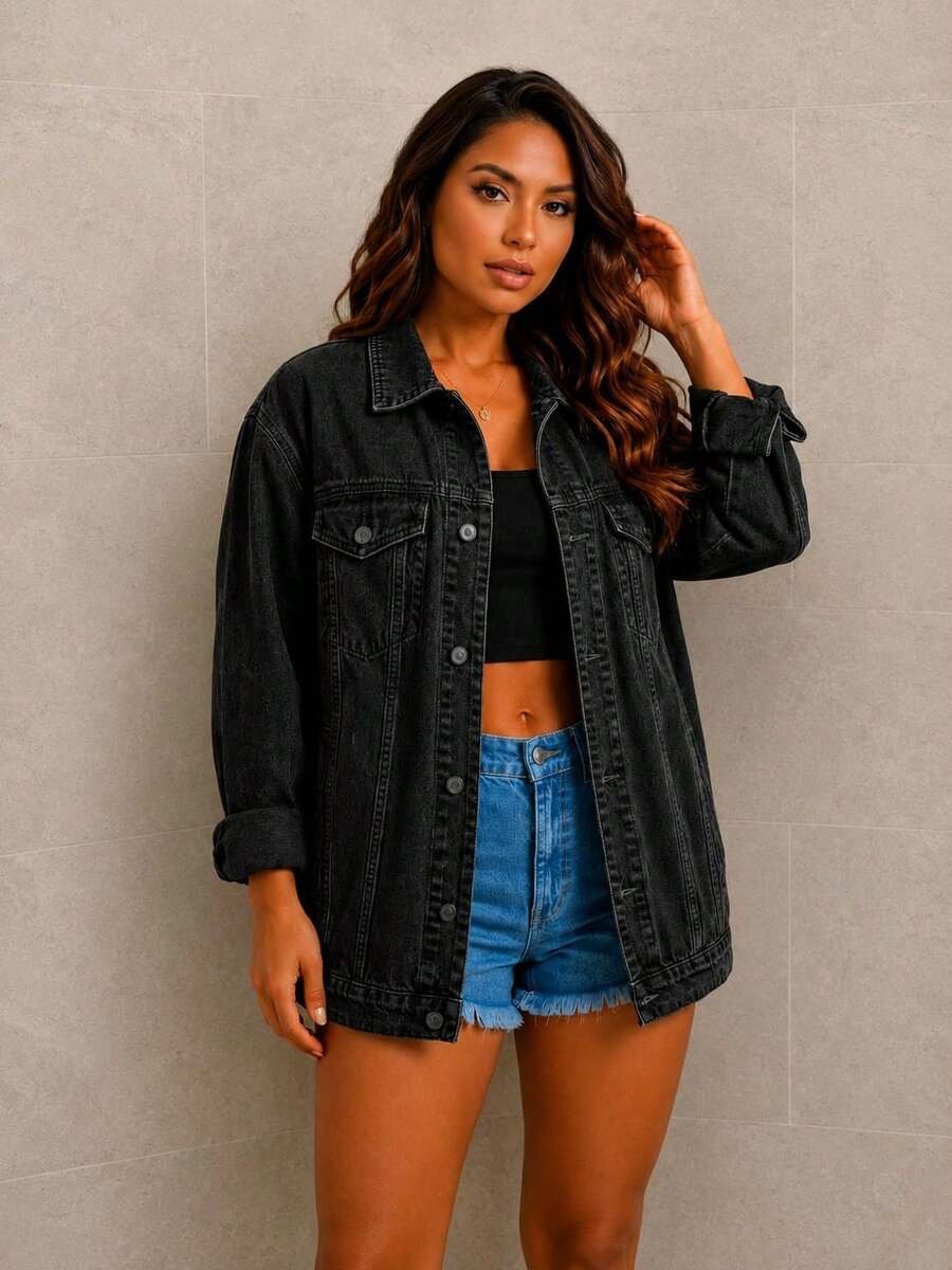 Maxi Oversized Denim Jacket With Pockets, Women's Long Winter - Dark Grey - View 1