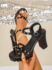 Women's High Heel Sandals, Height-Increasing Leg-Lengthening Non-Slip Matte Rivet Decor Solid Color Round Toe Low-Top Thong Ankle Strap Thick Platform Chunky Square Heel Sandals, European And American Punk Style, Spring/Summer Commute Party Music Festival Shopping Travel Daily Shoes - Black - View 2