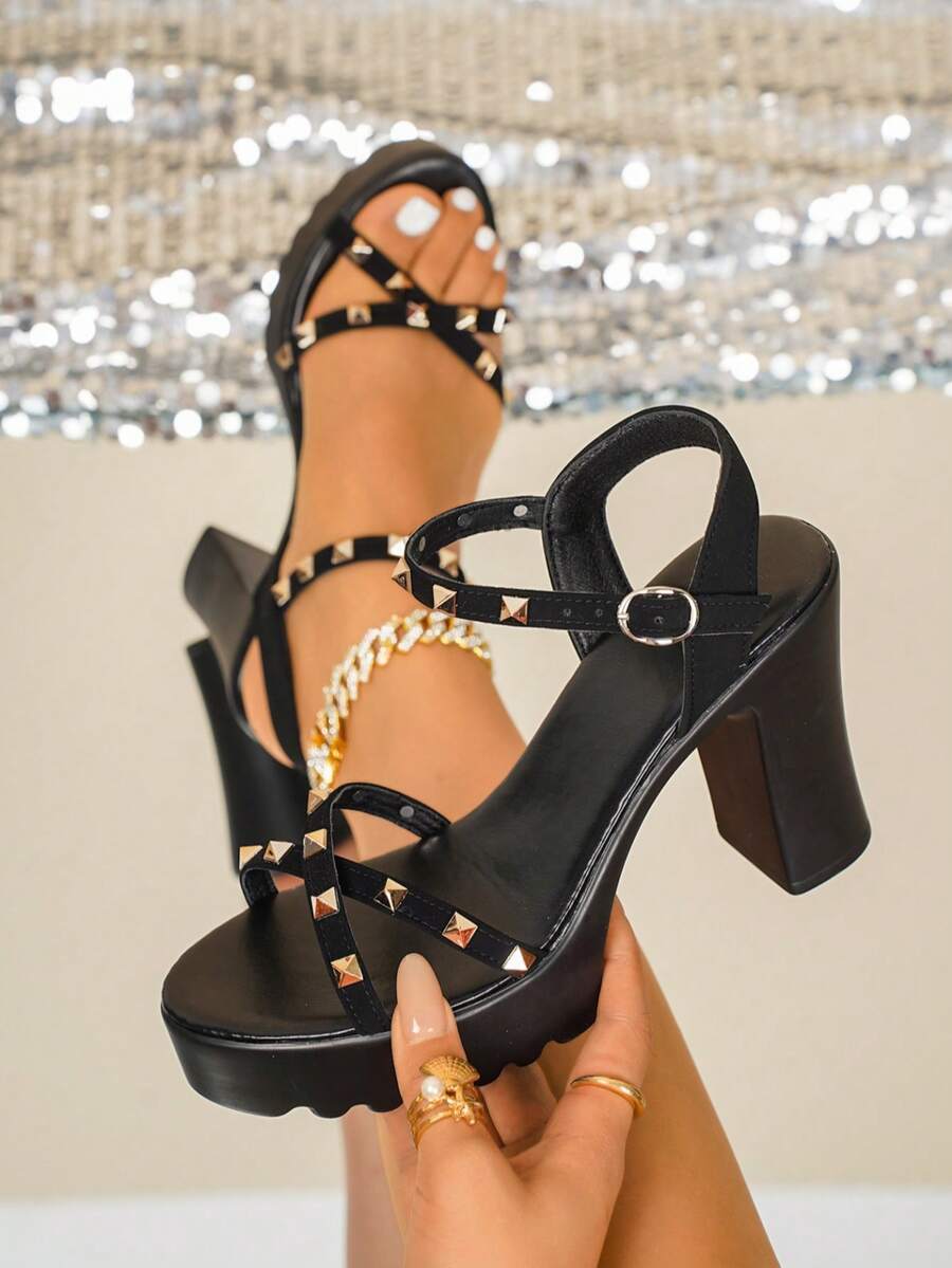 Women's High Heel Sandals, Height-Increasing Leg-Lengthening Non-Slip Matte Rivet Decor Solid Color Round Toe Low-Top Thong Ankle Strap Thick Platform Chunky Square Heel Sandals, European And American Punk Style, Spring/Summer Commute Party Music Festival Shopping Travel Daily Shoes