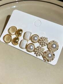 12pcs Fashion Personalized Pearl Geometric Round Stud Earrings, Sweet Romantic Multi-Style Earrings For Women And Girls, Party, Banquet, Travel, Vacation, Birthday Gift, Accessory Jewelry - Gold - View 5