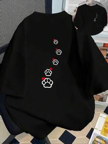 Camiseta de mujer con estampado frontal y trasero de huellas de pata de perro y corazones, elegante camiseta casual de manga corta con cuello redondo, para uso diario en todas las esta - Negro - Ver 1
