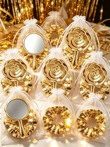 8/4/1 Set - Electroplated Gold Vintage Rose Makeup Mirror & Gold Disco Hair Scrunchie Set - Portable Folding Small Mirror, Hair Band, Storage Bag Styling Storage Set, Electroplated Gold Rose Hand Mirror, Gold Disco Hair Band, Gauze Storage Bag, Suitable As Gender Reveal Party Gift, Baby Shower Party Gift, Baby Party Theme, Birthday Gift, Wedding Gift, Guest Favor, 2026 New Year Party Set - Gold - View 7