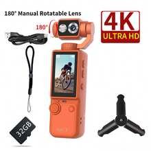 Pocket HD 4K 手持運動攝影機，180° 手動旋轉鏡頭，內建補光燈，自動對焦，2000mAh 長效電池，5MP 像素，適合初學者與青少年的輕巧相機，附 32GB 記憶卡 + 三腳架 + 手持掛繩 + 數據線，適用 Vlog 拍攝、旅行、騎行、滑雪、錄影，輕巧便攜耐用（無人臉追蹤拍攝） - 查看 15