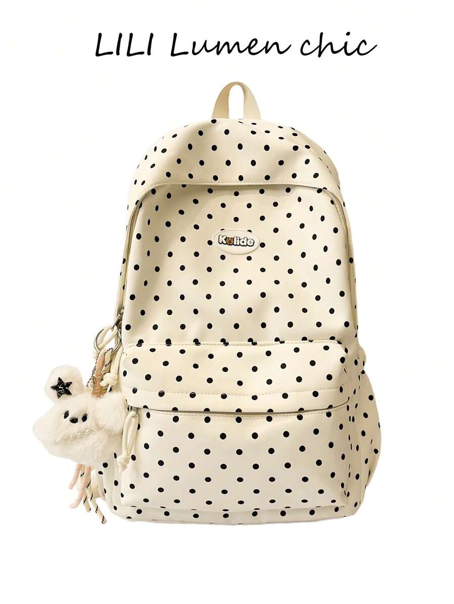 Cream White With Black Polka Dot Large Capacity Backpack, Waterproof And Wear-Resistant Fabric For Long-Lasting Durability, All-Over Polka Dot Design Classic And Versatile, Multiple Pocket Layout To Meet Storage Needs, Paired With Cute Puppy Charm For Unique Style. Suitable For Primary And Middle School Students' Daily School Use, Also Meets Shopping, Travel, Commuting Storage Needs, Fresh Korean Style Casual Backpack. - White - View 1