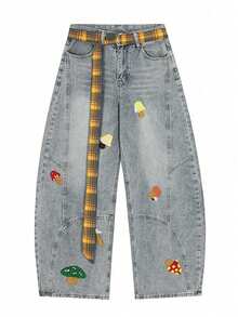Cartoon Embroidered Plaid Belt Loose Wide Leg Curved Hem Jeans Casual Fall - Blue - View 8