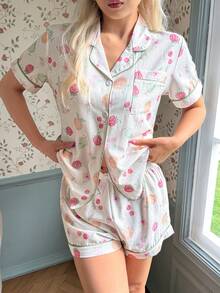 White Mixed Fruit Print Shirt Collar Short Sleeve & Shorts Pajama Set For Women - White - View 6