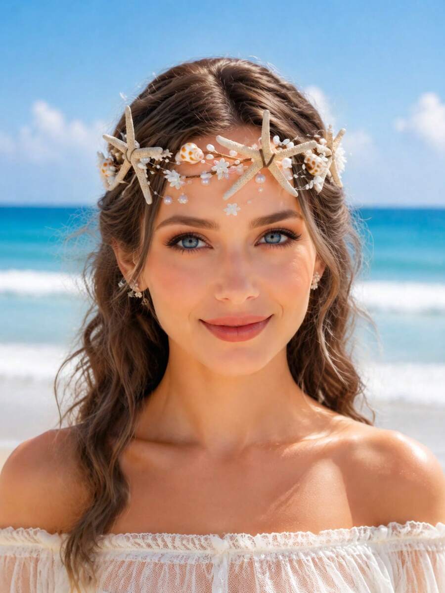 Bohemian Ocean Style Mermaid Headband, Realistic Starfish & Pearl Bridal Hair Hoop, Versatile Ocean-Themed Bridal Accessory For Wedding Dress Photoshoot - Multicolor - View 1