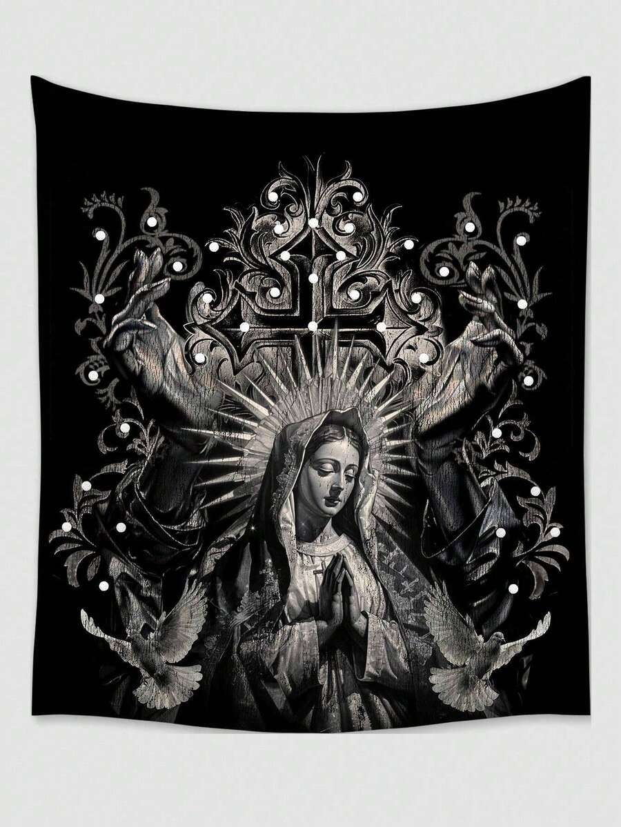 Goth 1pc Dark Holy Lady White Dove & Cross Printed Polyester Tapestry, Suitable For Daily Living Room Bedroom Wall Decoration, Camping Decoration, All Seasons - Multicolor - View 1