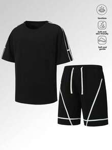 2pcs/Set Men's Summer New Fashionable Loose Comfortable Casual Street Style T-Shirt And Shorts Set, Contrast Color Patchwork Design - Black - View 8