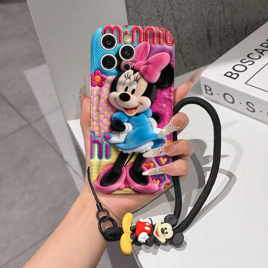 Disney Mickey Mouse Clubhouse Phone Case : 3D Fluffy Pattern Border Protector Phone Soft Phone Case With A Free Cute Mickey Mouse Bracelet Chain Lanyard, Mickey Mouse, Minnie Mouse, Donald Duck, Daisy Duck, Goofy, Pluto, For Apple 17 Promax 17 Pro 16 15 14 13 12 11 Pro Max XS Max X XR Soft Cover Summer Phone Case - White - View 1