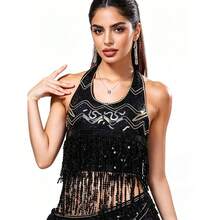 1 pieza Top de sujetador halter hecho a mano con lentejuelas y flecos con cordones, top corto de danza del vientre para mujer, atuendo estilo sari bohemio, disfraz retro para festival, rave, fiesta, discoteca, playa, ropa exótica, accesorios de playa para mujer - Multicolor - Ver 6