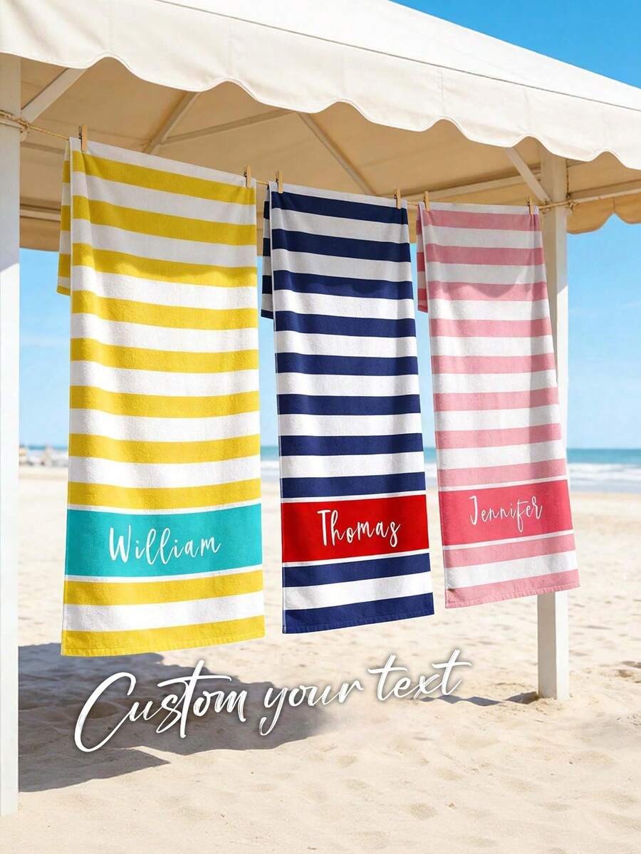 1 Stück anpassbares einfarbiges gestreiftes Strandtuch, personalisierbare Namensanpassung, mehrere Farben erhältlich, weich und hautfreundlich, schnelltrocknend, geeignet für Strand, Schwimmen, Fitnessstudio, Camping oder Yoga, ideales Urlaubsgeschenk, Sommer-Strand-Essential - Verschiedenfarbig - Übersicht 1