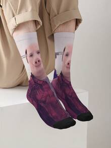 1 Pair Fashion Street Style John Pig & Breakfast Character All-Over Print Socks, Breathable Soft Meme Style Sports Casual Unisex Socks - Multicolor - View 6