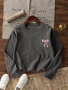 Kaos Lengan Panjang Leher Bulat Motif Kasual Lucu untuk Remaja Perempuan, Atasan Musim Gugur/Dingin - Dark Grey - View 7