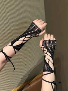 2/1 Pair Women's Elastic Cross Solid Color Mesh Lace-Up Short Sleeve Arm Warmers With Finger Loops, Suitable For Party, Halloween, Valentine's Day And Other Occasions - Multicolor - View 3
