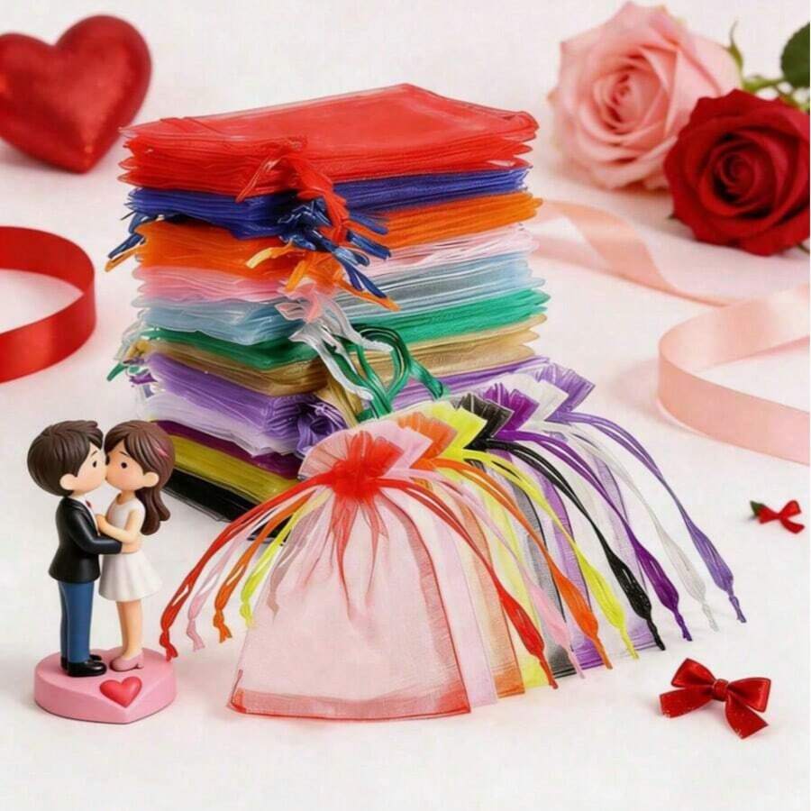 10/100個混色歐根紗禮品袋，抽繩珠寶糖果收納袋，適用於婚禮、情人節、萬聖節、聖誕節等多種場合的包裝袋 - 多色 - 查看 1