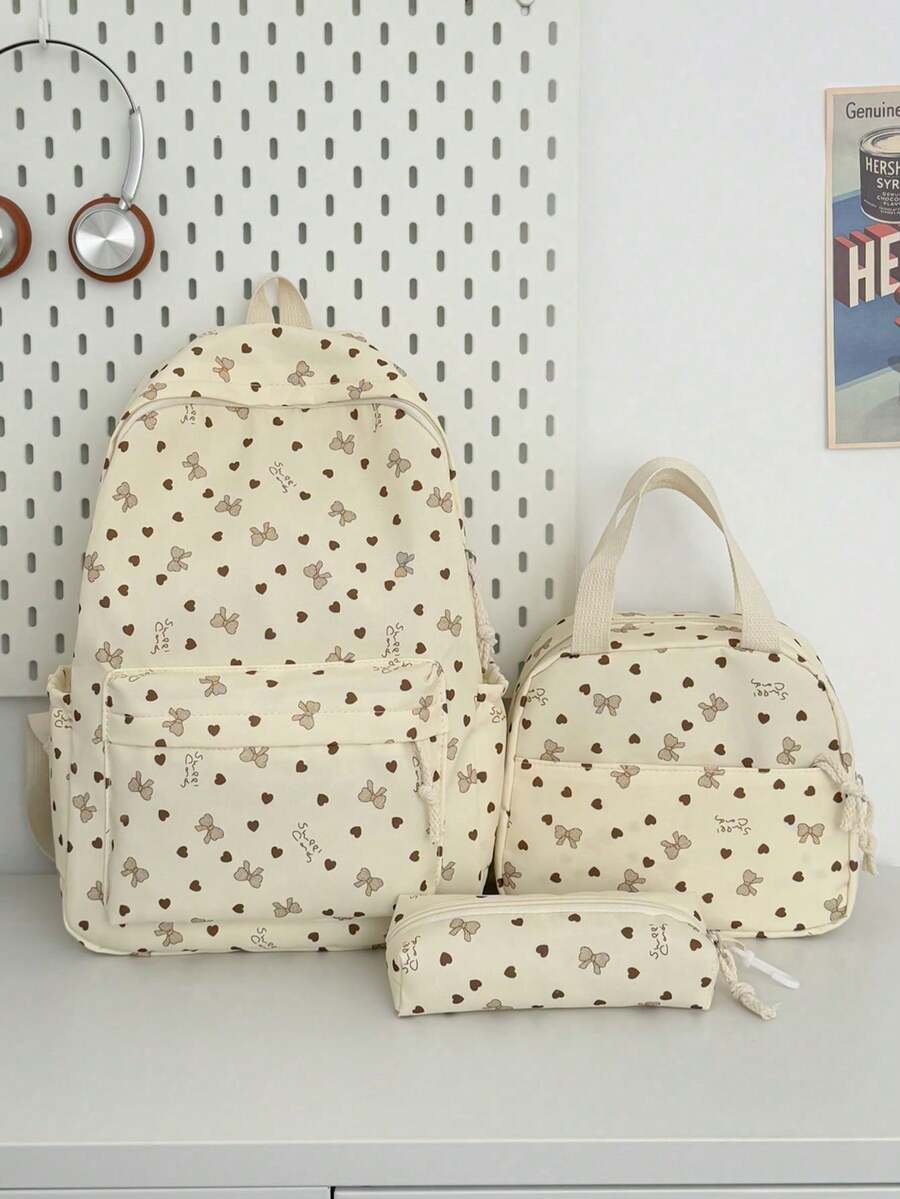 Set Of 3 Nylon Bow Print Backpacks, Large Capacity Foldable Backpack With Multiple Pockets And Waterproof Zipper, Suitable For Teenagers, High School Students - Yellow - View 1