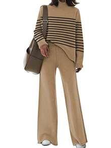 AOHITE Mujeres Adultas Conjunto de Ropa Casual Beige: Camiseta de Manga Larga con Cuello Redondo y Pantalones Anchos - Caqui - Ver 11