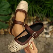 Women's Vintage Woven Mary Jane Closed-Toe Half-Slingback Brown & White Contrast Hollow Out Slip-On Sandals, Breathable Comfortable Flat Square Toe Backless Slides - Multicolor - View 10