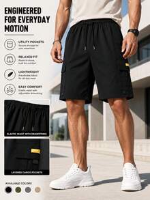Men's Black Cargo Shorts, Elastic Waist Drawstring Casual Shorts With Multiple Pockets, Street Style Sports - Black - View 10