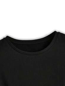 Girls Summer Streetwear Short Sleeve T-Shirt With Pink Letter Print & Heart Design, Breathable Round Neck Casual Top For Kids - Black - View 6