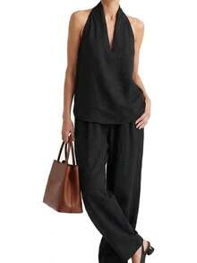 Conjunto de Dos Piezas de Lino Minimalista, Casual y Cómodo para Mujer, Top Halter sin Mangas con Cuello en V y Pantalones Anchos Holgados a Juego - Verde - Ver 10