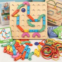 Juego de Tablero de Clavos con Rompecabezas de Reconocimiento de Formas de Madera 2 en 1, Tarjetas de Patrones Educativas, Juguete Creativo para Niños - Multicolor - Ver 5