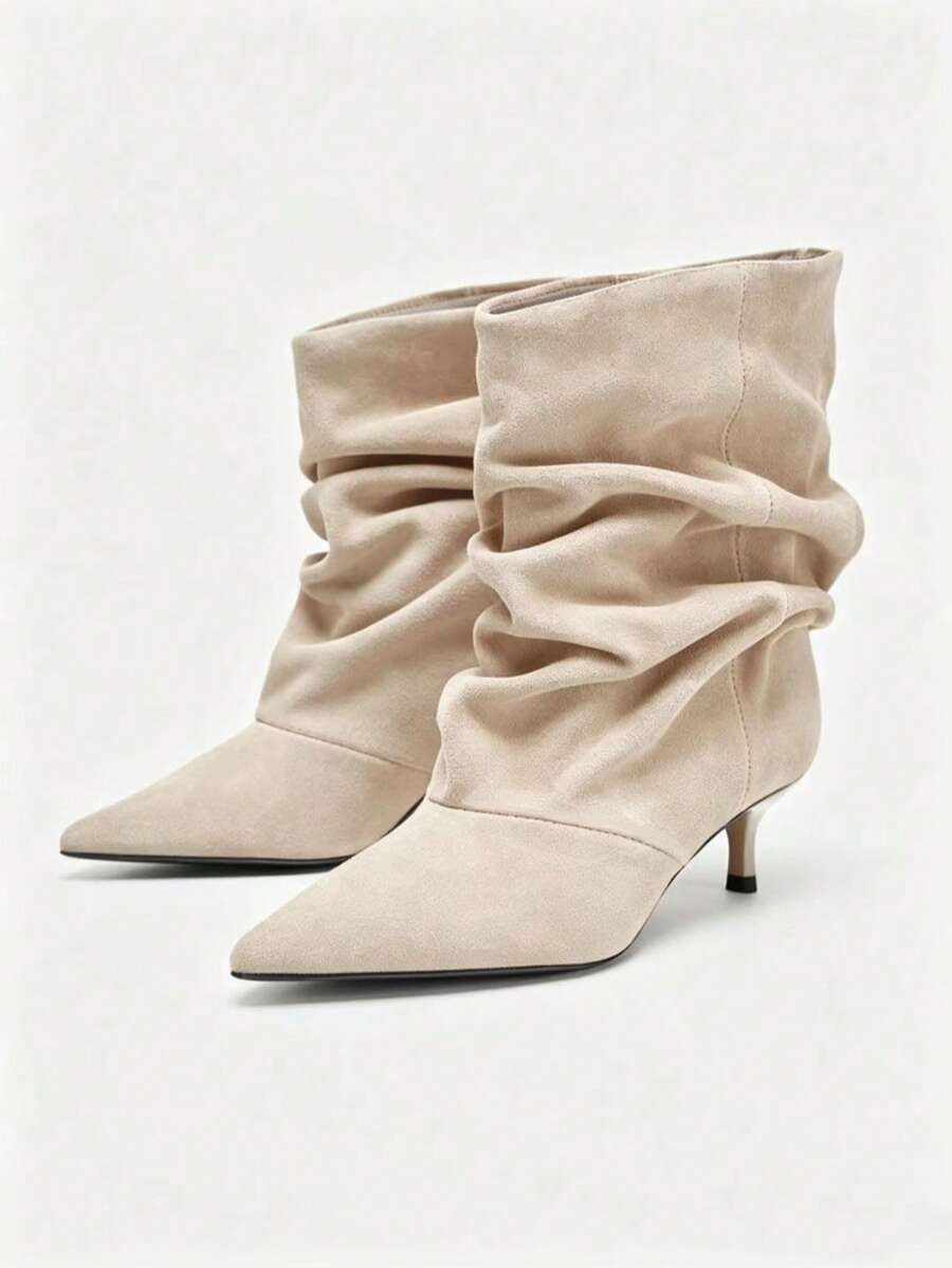 Women's 2025 Autumn/Winter New Brown Pointed Toe Ruched Ankle Boots, Suede Mid-Calf Boots With Kitten Heel