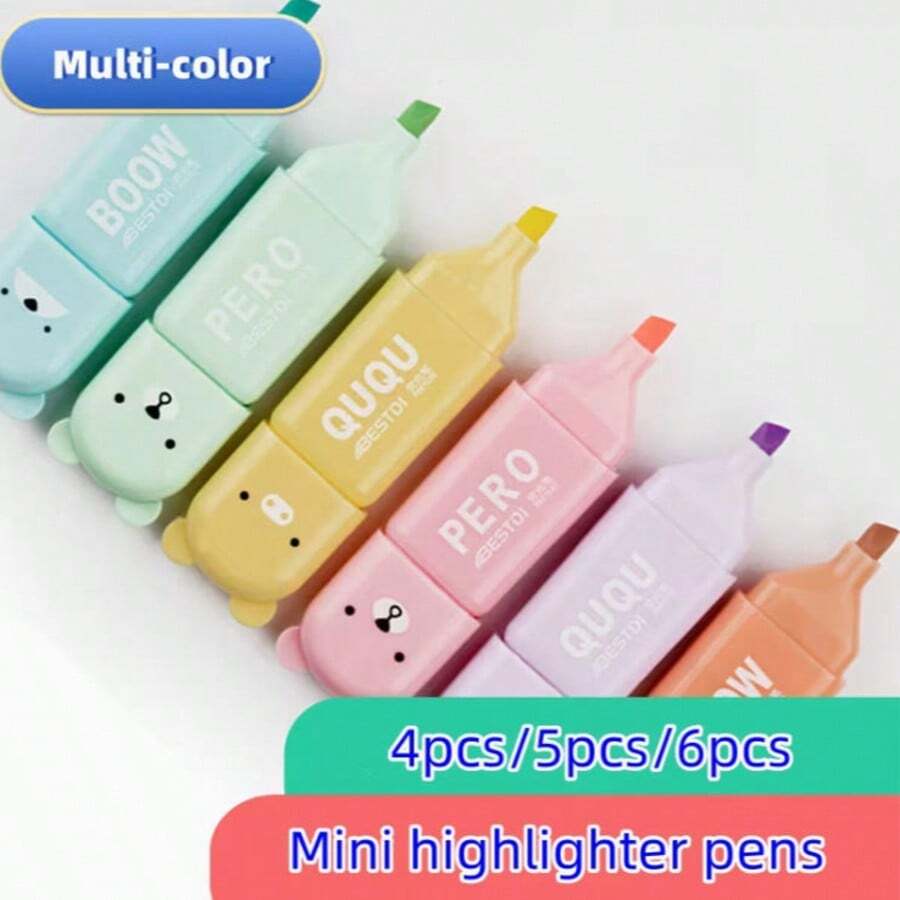 6pcs Cute Mini Bear Highlighter Set, Smooth Writing And Drawing Colorful Fluorescent Pens, Office And Study Gift, Punctuation Mini Highlighters, Eye-Protection Macaron Highlighters, Line Marking Highlighters, Permanent Highlighting Markers - Multicolor - View 1
