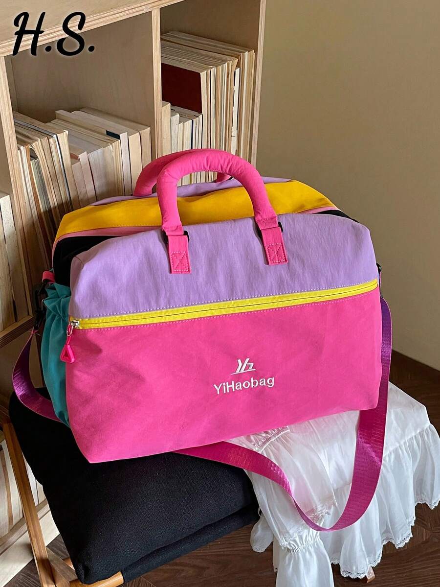 Bolso de viaje de mano estilo coreano con bloques de color arcoíris dopamina, bolso de gimnasio de gran capacidad, ligero y duradero, se puede fijar al equipaje, bolso de mano para viajes cortos, bolso de fitness y yoga, bolso de almacenamiento para dormitorio de estudiantes, bolso organizador de maternidad, bolso de viaje versátil unisex para mujeres