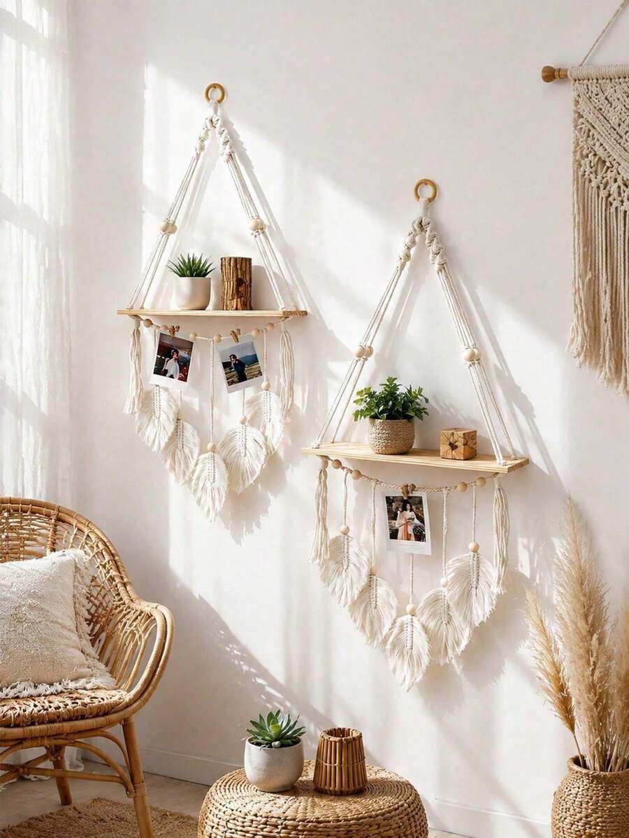 1Pc/2pcs Handwoven Leaf Wall Hanging Shelves,Boho Home & Bath Decor,Bedroom & Living Room Wood Wall Shelves,Elegant Wall Shelf For Terrace,Easy Install, All Seasons,Halloween & Christmas Gift-For Bathrooms,Bedroom,Living Roomsthe - Beige - View 1
