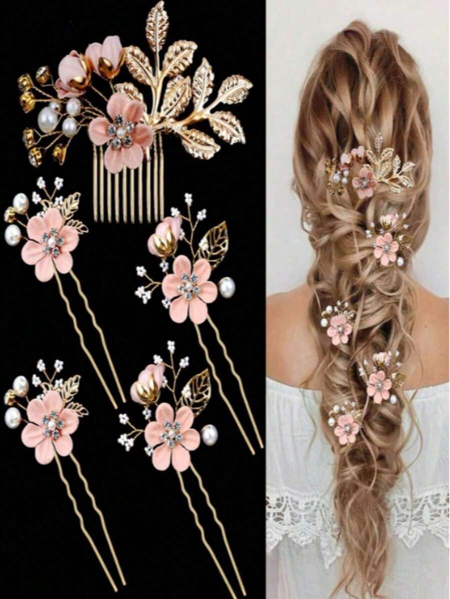 5-Piece Light Pink Flower Hair Comb Hairpins Bride Wedding Headwear Hairpins - Baby Pink - View 1