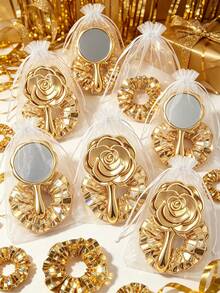 8/4/1 Set - Electroplated Gold Vintage Rose Makeup Mirror & Gold Disco Hair Scrunchie Set - Portable Folding Small Mirror, Hair Band, Storage Bag Styling Storage Set, Electroplated Gold Rose Hand Mirror, Gold Disco Hair Band, Gauze Storage Bag, Suitable As Gender Reveal Party Gift, Baby Shower Party Gift, Baby Party Theme, Birthday Gift, Wedding Gift, Guest Favor, 2026 New Year Party Set - Gold - View 4