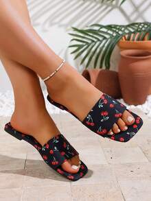 Sandalias planas de mujer con puntera cuadrada, cómodas y casuales, con estampado de cerezas, aptas para uso en exteriores, hogar y playa - Negro - Ver 6
