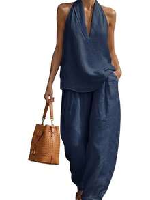 Conjunto de Dos Piezas de Lino Minimalista, Casual y Cómodo para Mujer, Top Halter sin Mangas con Cuello en V y Pantalones Anchos Holgados a Juego - Verde - Ver 11