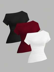 Camiseta casual asimétrica de hombro para mujer - Multicolor - Ver 1