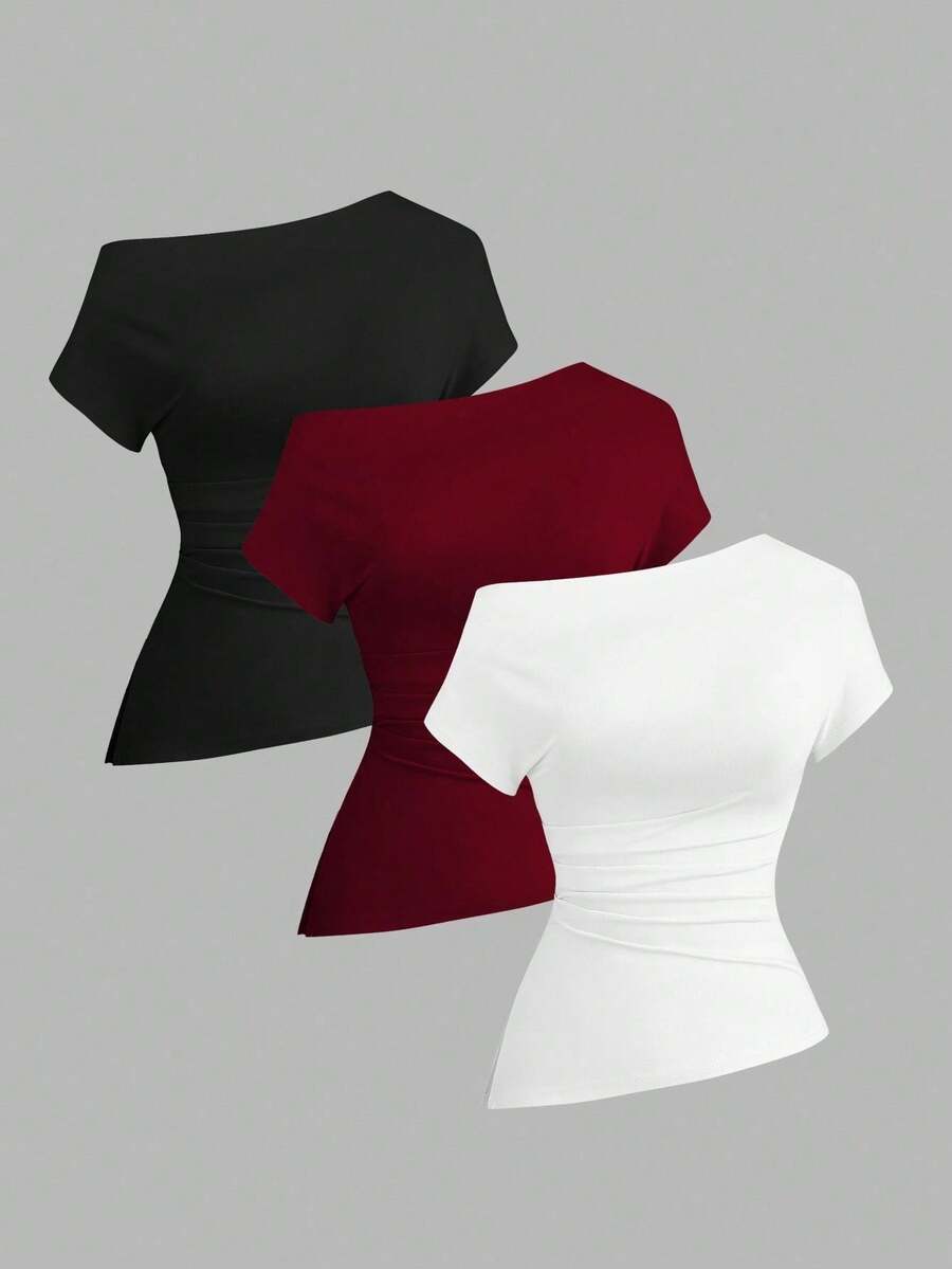 Camiseta casual asimétrica de hombro para mujer - Multicolor - Ver 1