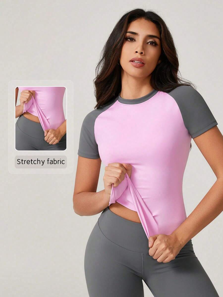 NcmRyu 1 pieza Camiseta deportiva de manga corta y ajustada de unicolor para , de verano - Rosa - Ver 1