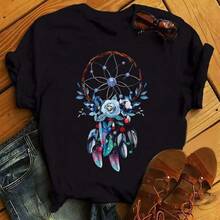 Modisches Feder-Traumfänger T-Shirt für Damen, Harajuku Grafik-T-Shirt, Damen Traumfänger T-Shirt, Kleidung Oberteile - Schwarz - Übersicht 6