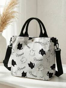 1 buah Tas Tote Kanvas Motif Kucing, Penutup Jepret, Tali Selempang yang Dapat Dilepas, Tas Bahu Serbaguna Kapasitas Besar, Cocok untuk Sehari-hari, Perjalanan, dan Sekolah - MultiWarna - View 9